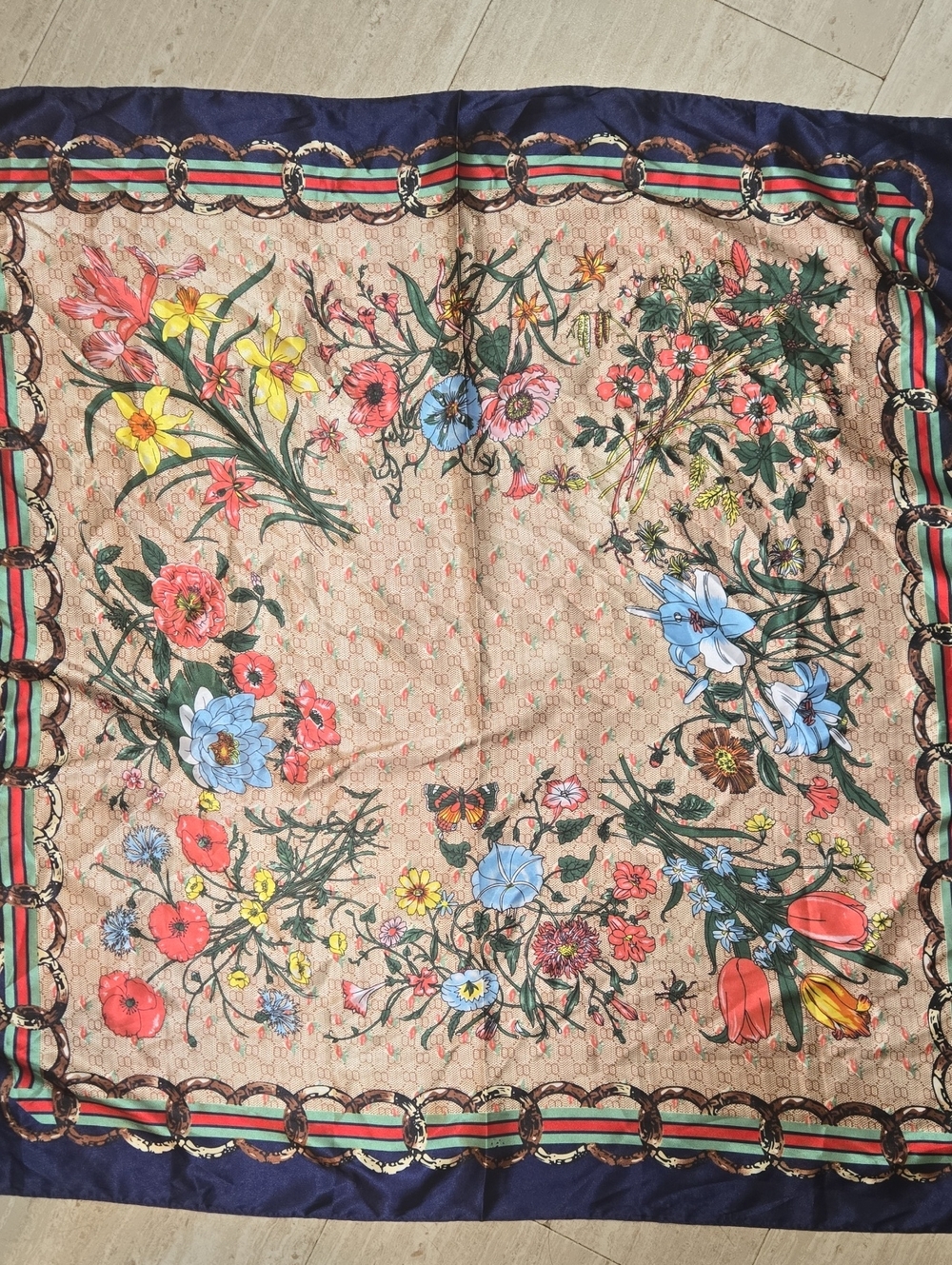 Multi-Color Floral Design Print Silky Square Scarf